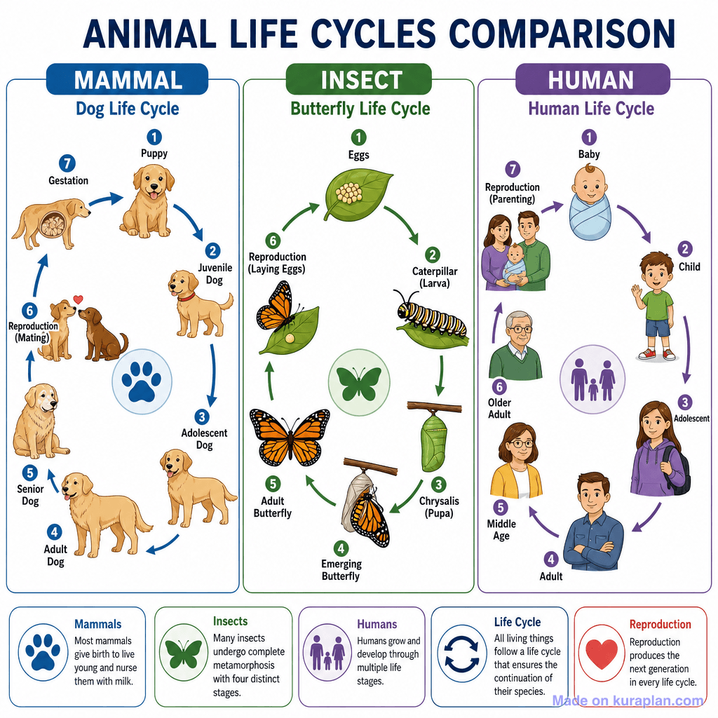 Animal Life Cycles Comparison (Mammal, Insect, Human) (detailed)
