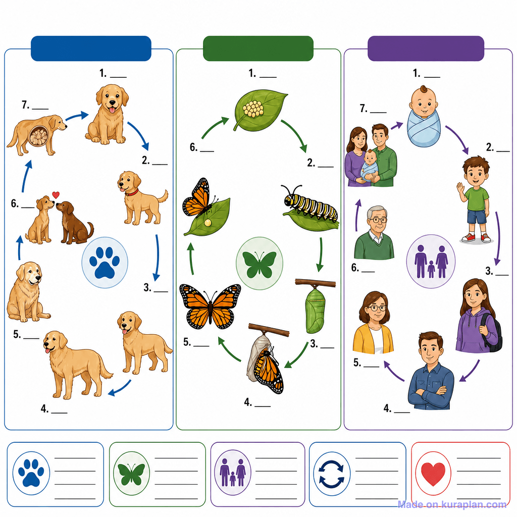 Animal Life Cycles Comparison (Mammal, Insect, Human) (detailed, unlabeled)