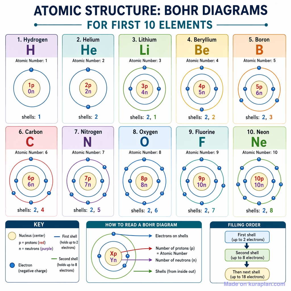 Atomic Structure: Bohr Diagrams for First 10 Elements (detailed)