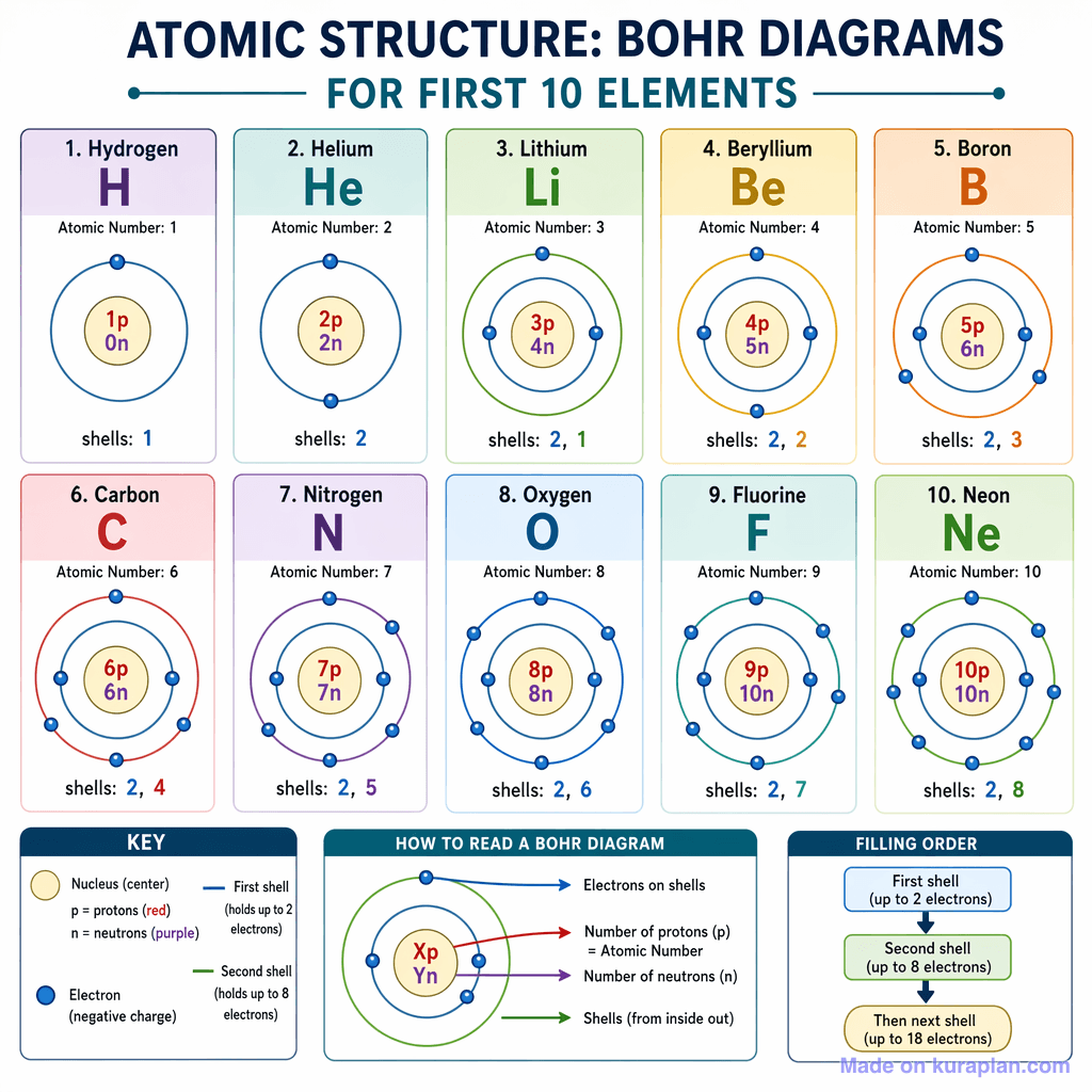 Atomic Structure: Bohr Diagrams for First 10 Elements (detailed)