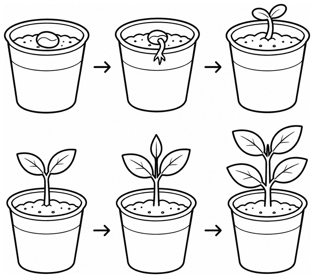 Child-friendly black-and-white line-art illustration on a plain white background: a green sprout growing from a cup afte