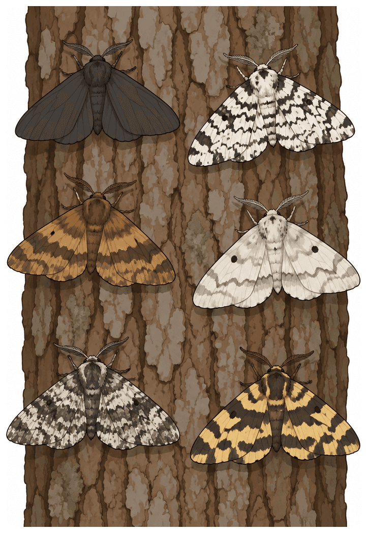 A clear, simple educational biology picture of several moths with different wing patterns on tree bark, showing variatio