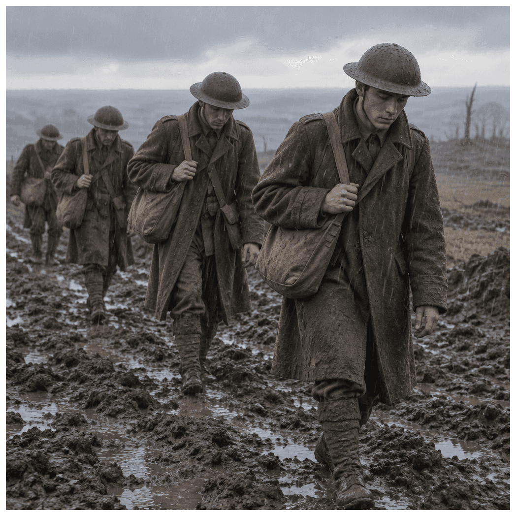 A non-graphic realistic but gentle wartime scene for a Year 7 English worksheet: several fully clothed soldiers walking