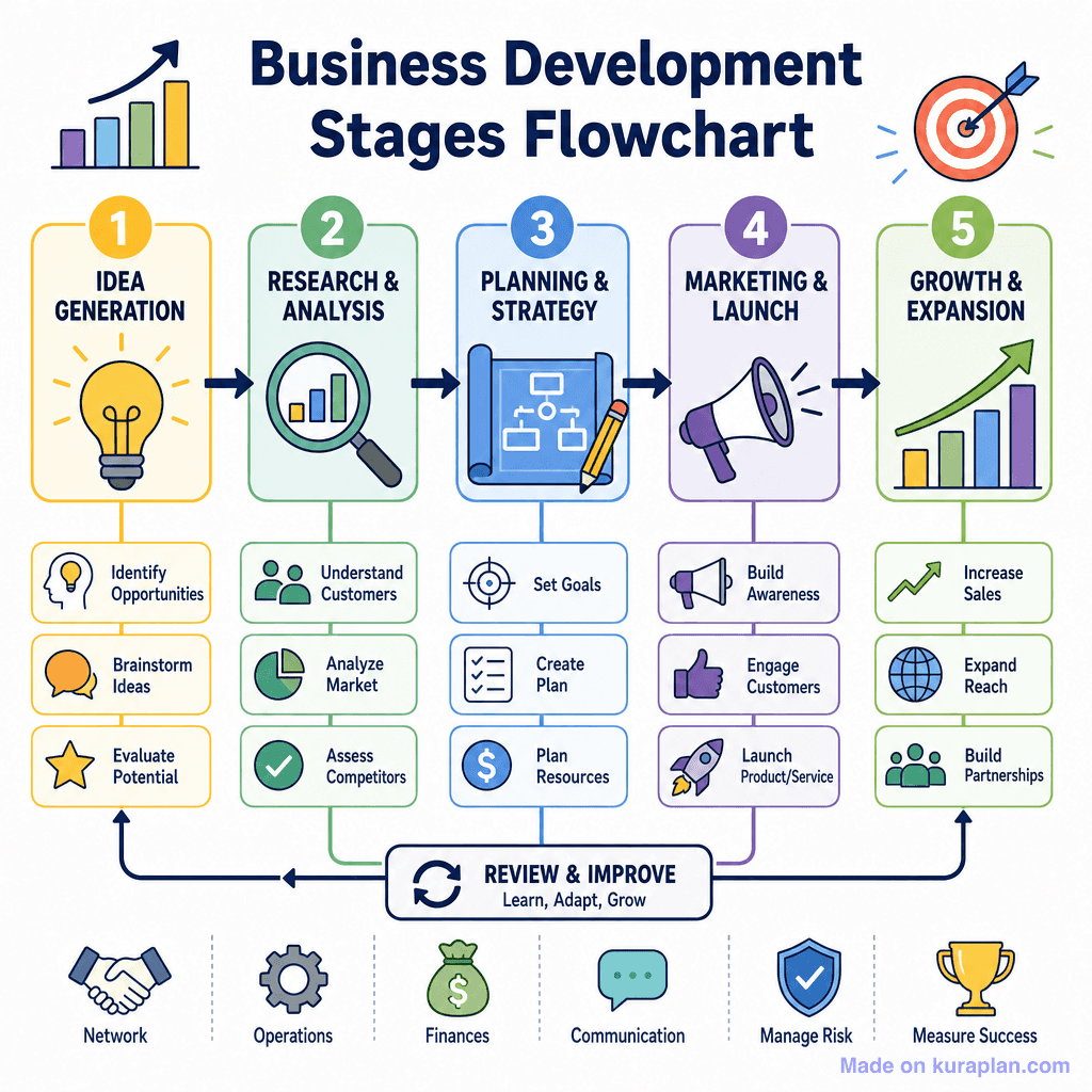 Business Development Stages Flowchart (detailed)
