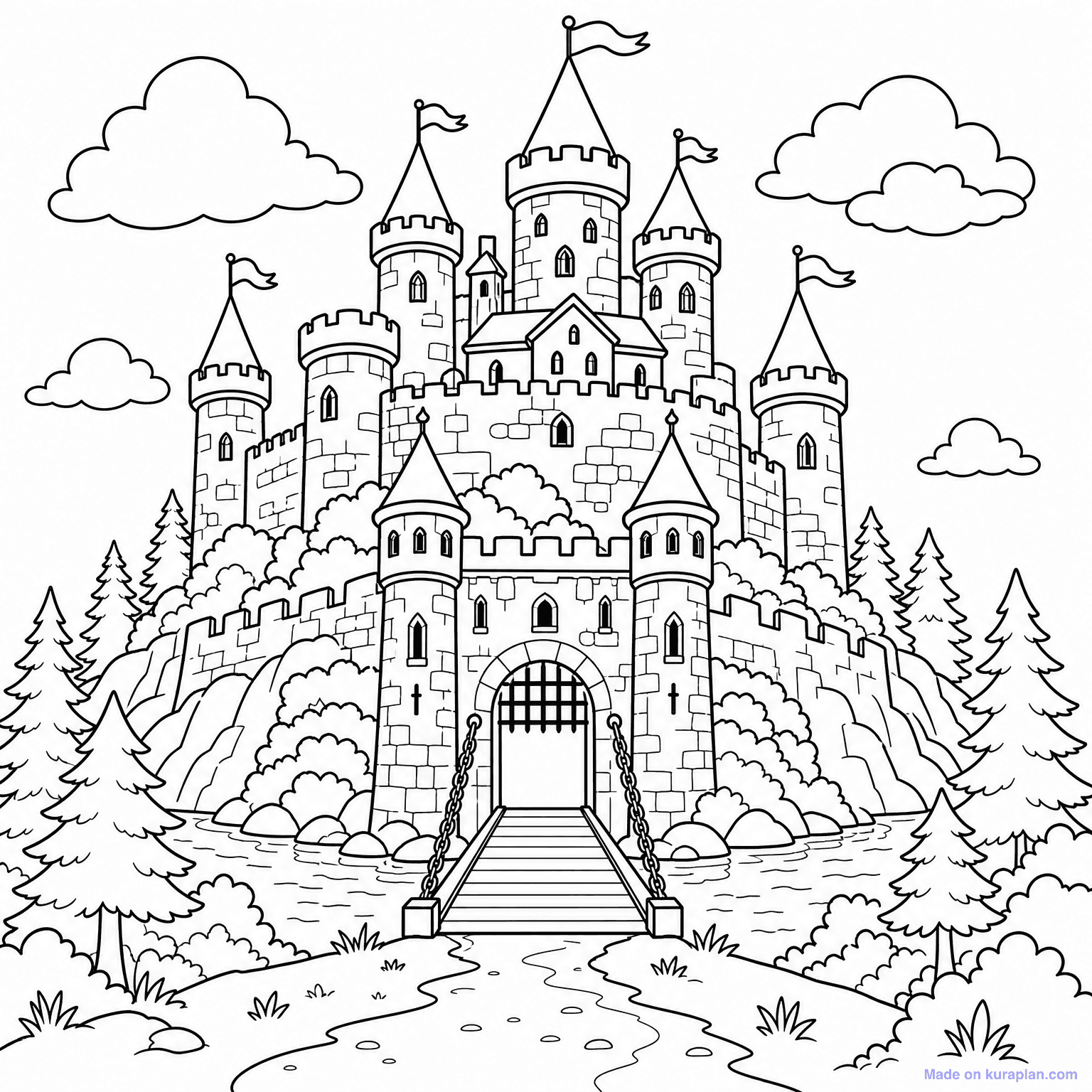 Medieval Castle on Hill — Coloring Page