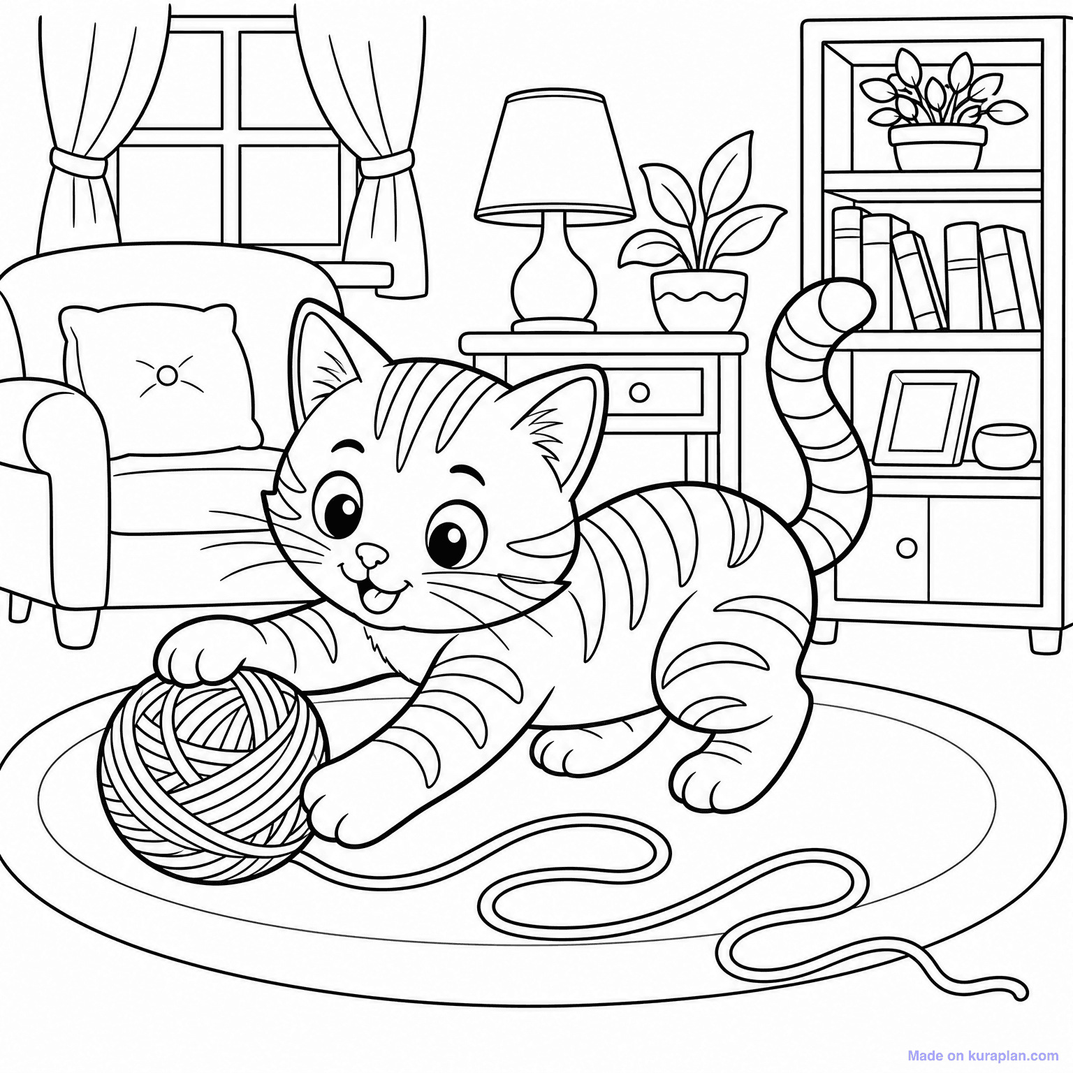Tabby Cat with Yarn — Coloring Page
