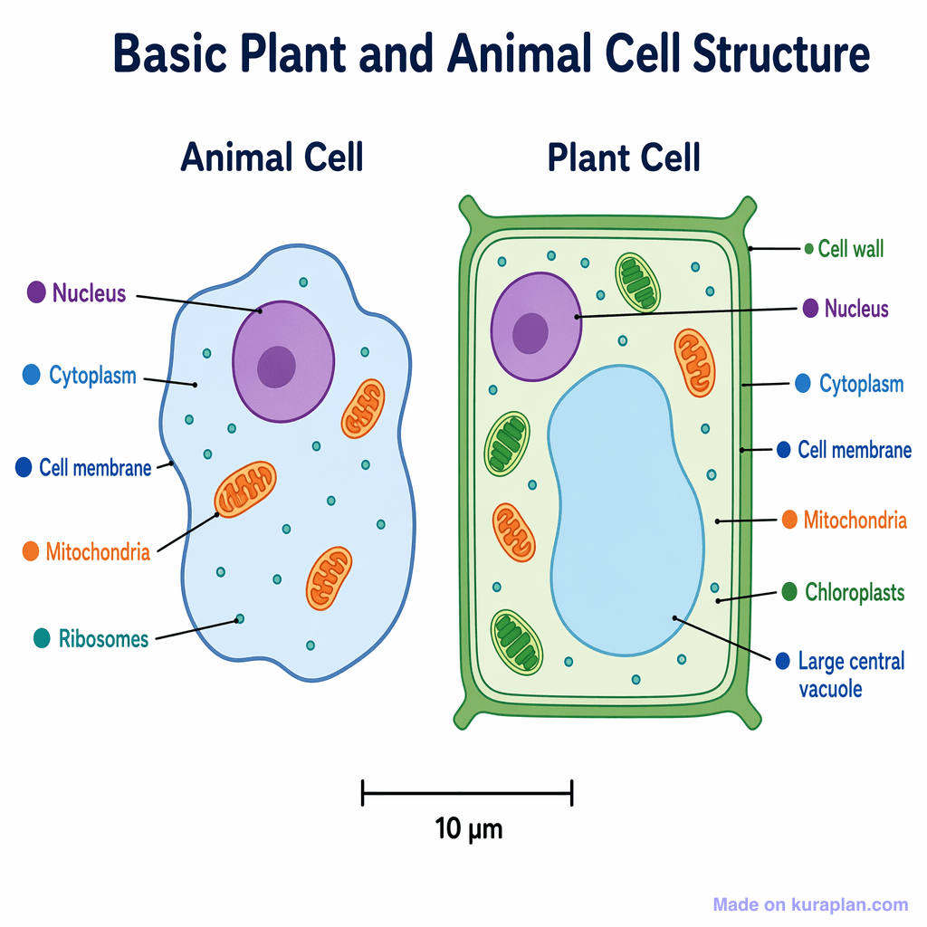 Side-by-side labeled diagram comparing a basic animal cell and a basic plant cell, showing the nucleus, cytoplasm, cell membrane, mitochondria and ribosomes in both, plus the cell wall, chloroplasts and large central vacuole in the plant cell only