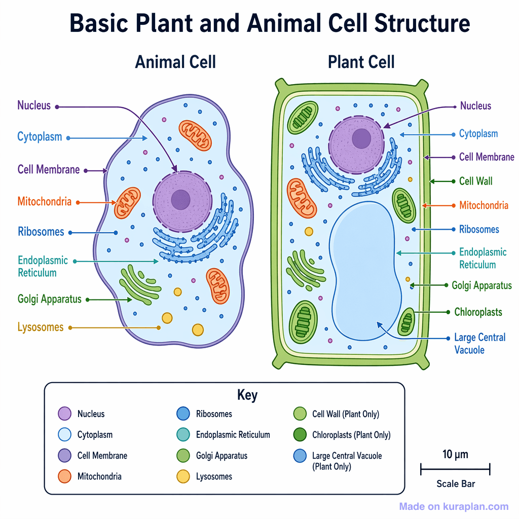 Side-by-side labeled diagram comparing an animal cell and a plant cell, with a color key for the nucleus, cytoplasm, cell membrane, mitochondria, ribosomes, endoplasmic reticulum, Golgi apparatus, lysosomes, cell wall, chloroplasts and large central vacuole