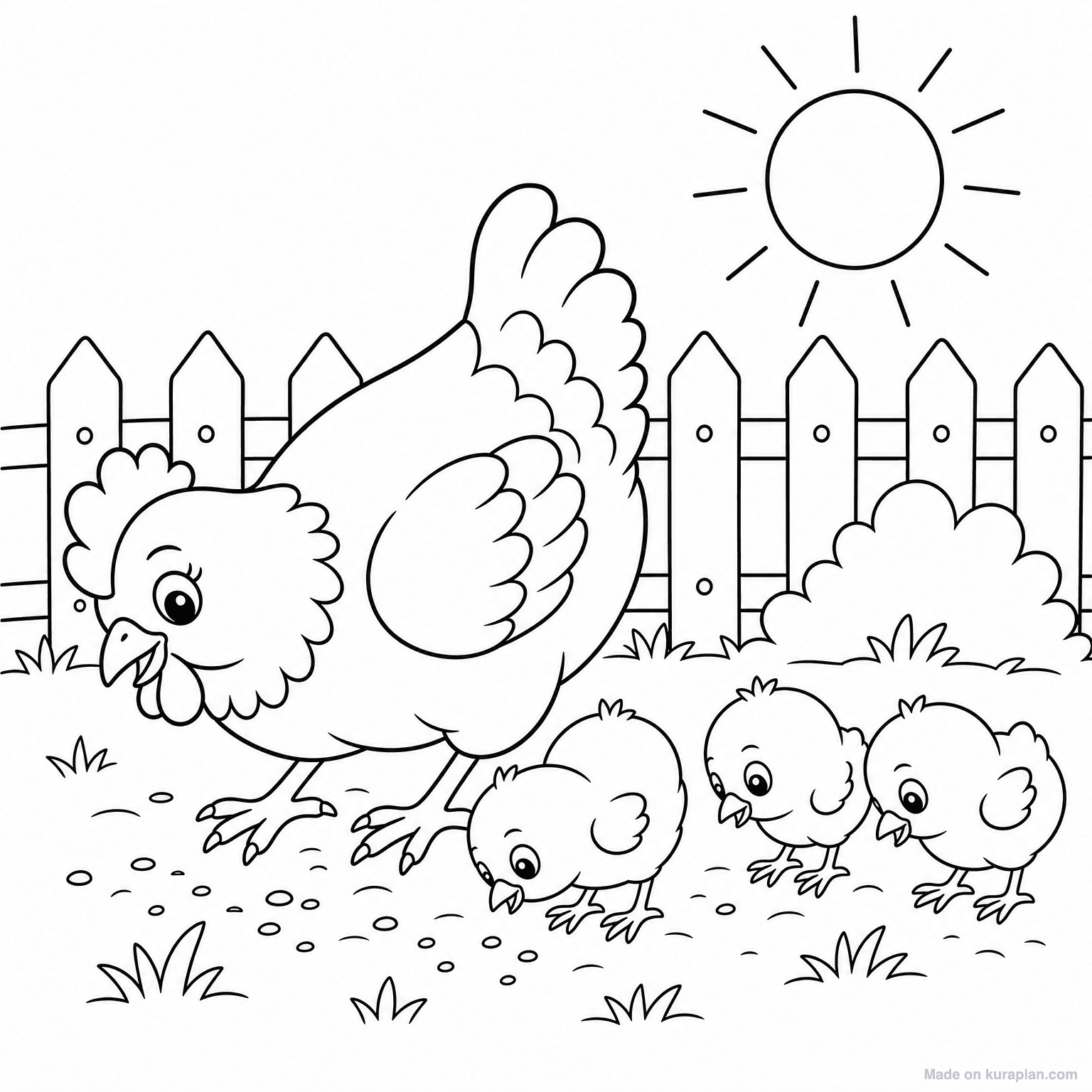 Hen with Baby Chicks — Coloring Page