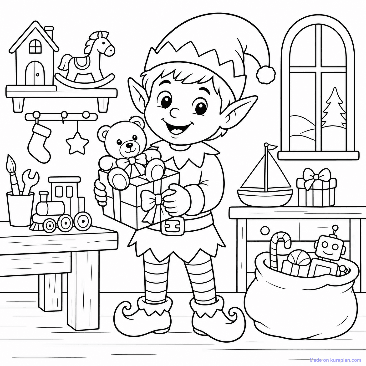 Christmas Elf with Toy — Coloring Page