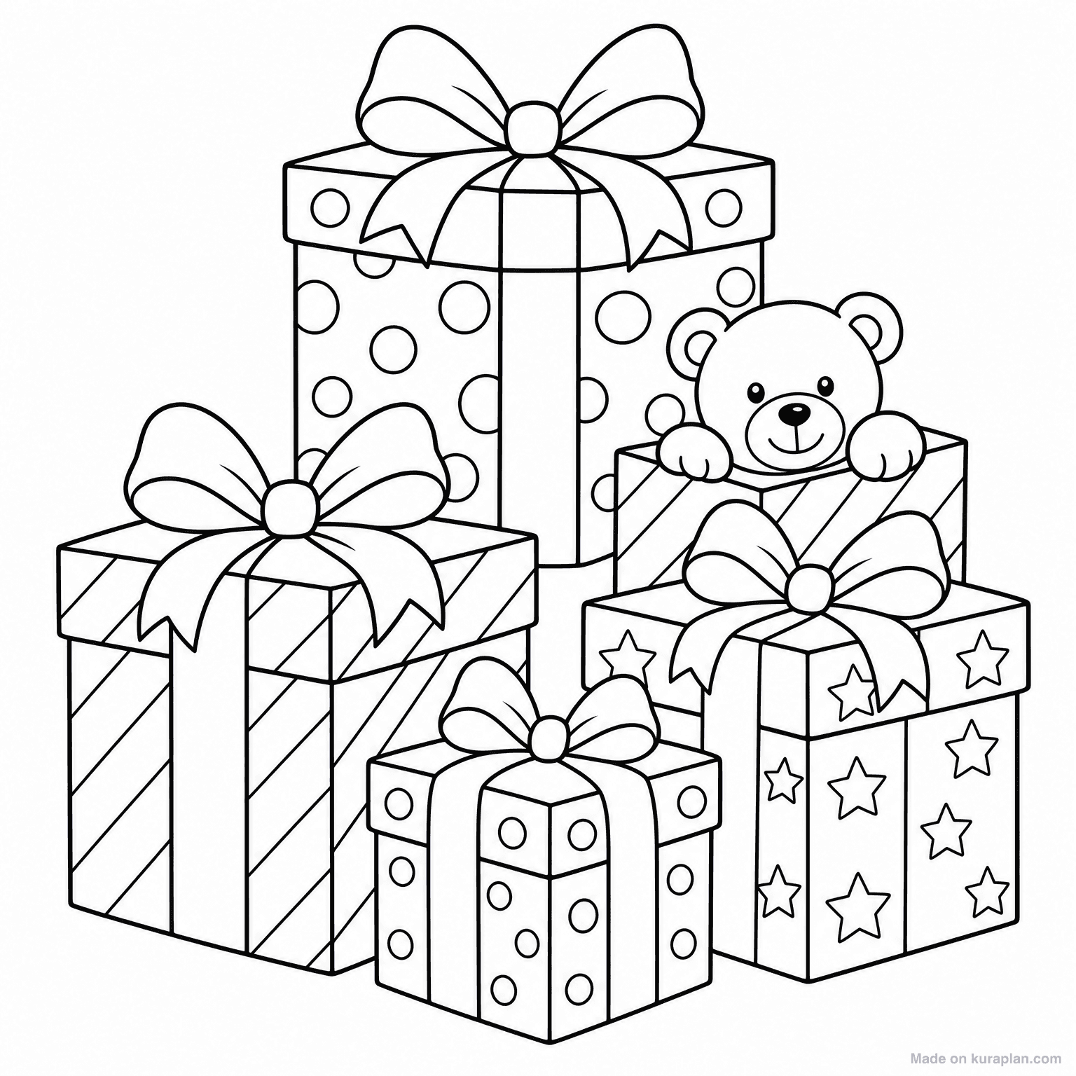 Wrapped Christmas Presents Pile — Coloring Page