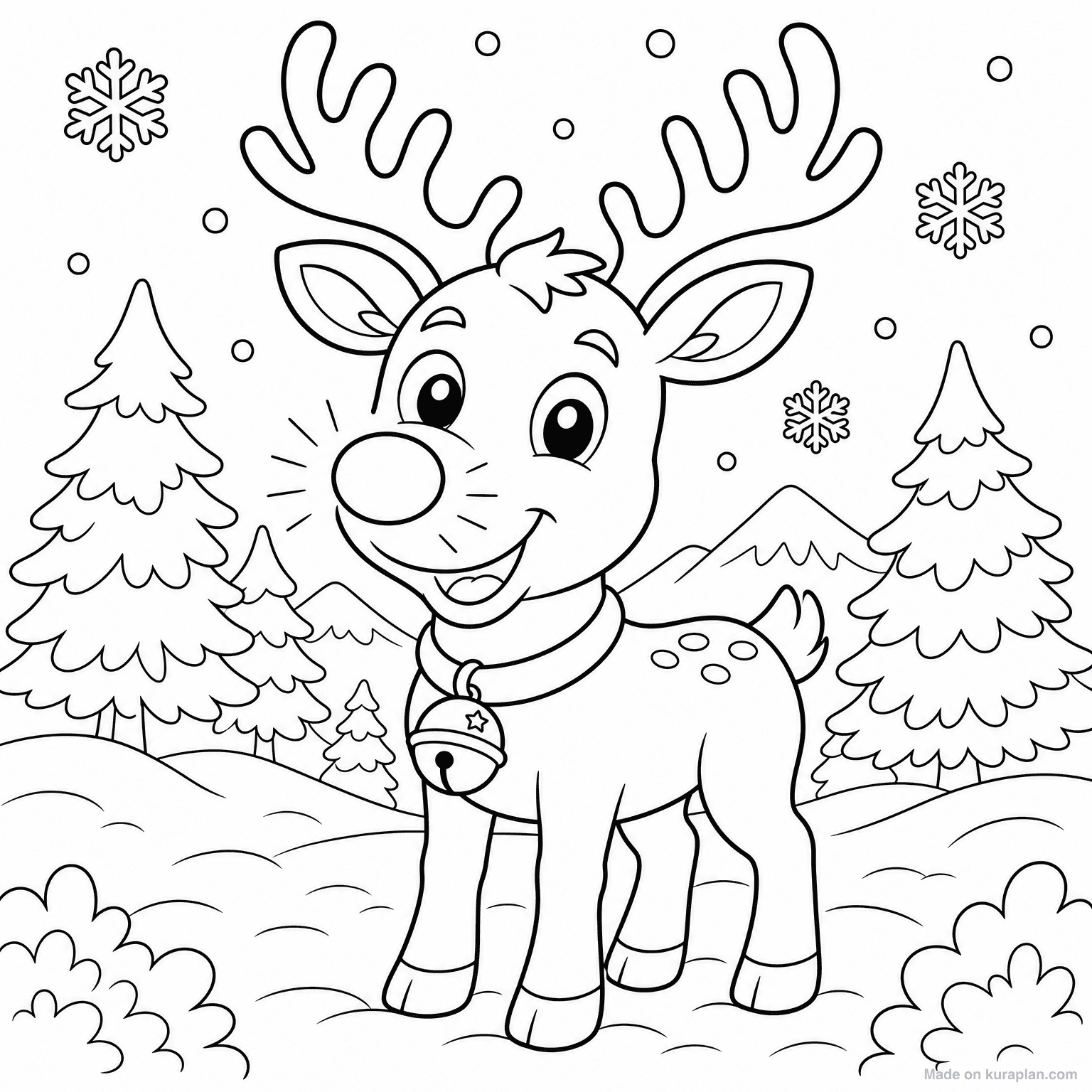 Friendly Reindeer with Red Nose — Coloring Page