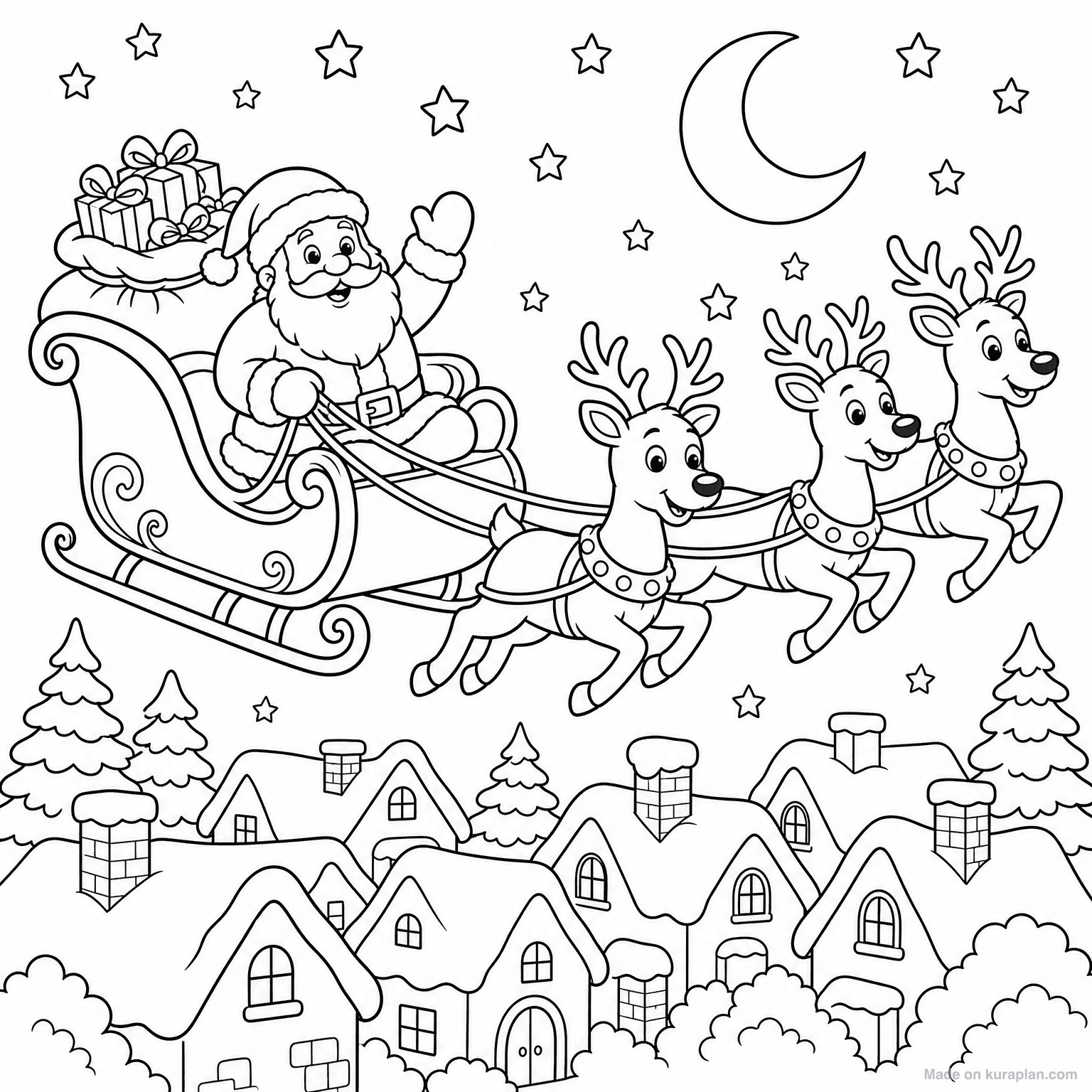 Santa's Sleigh with Reindeer — Coloring Page
