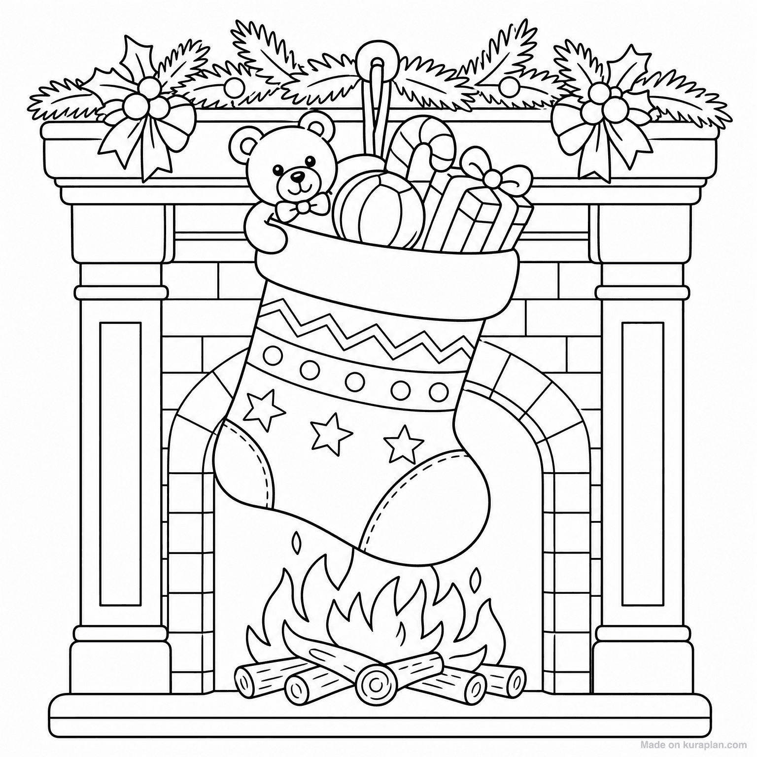 Christmas Stocking by Fireplace — Coloring Page