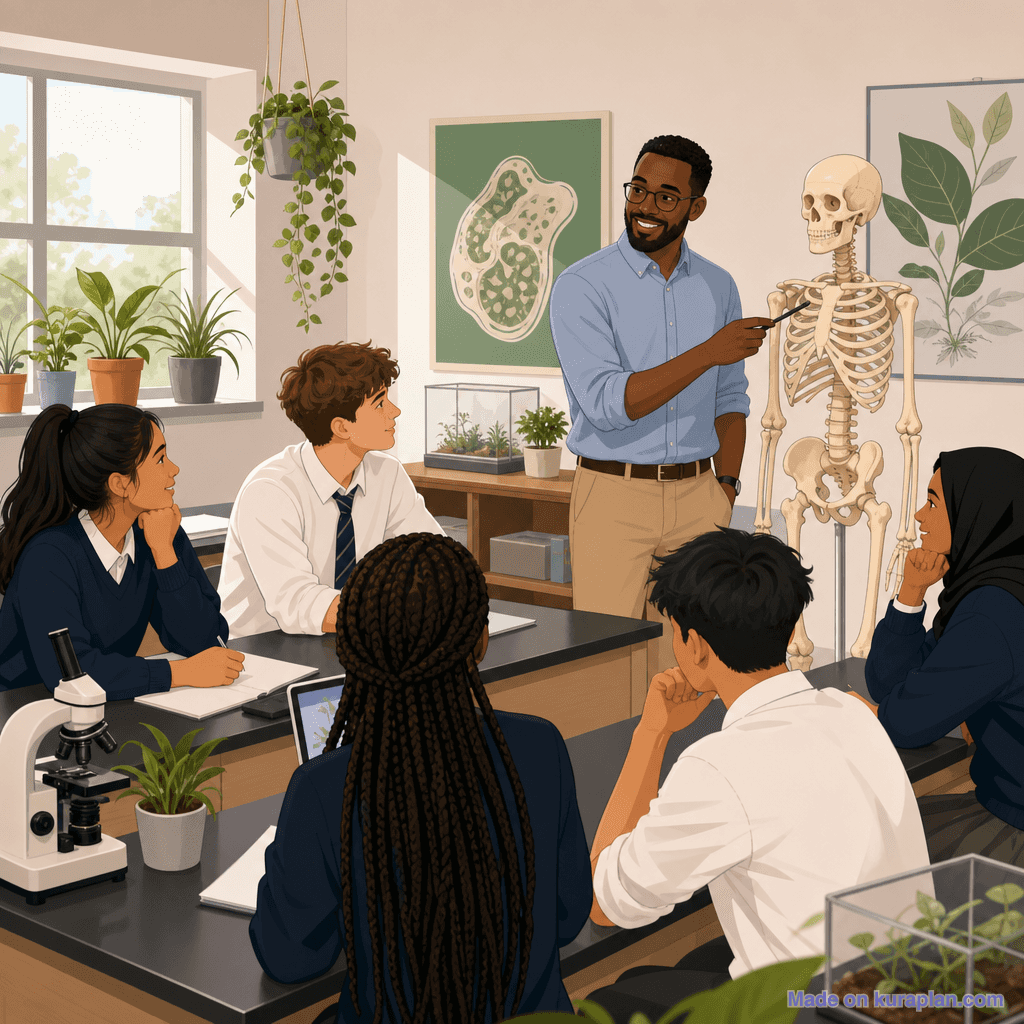 Year 11 biology lab, skeleton model, male teacher African heritage (square)