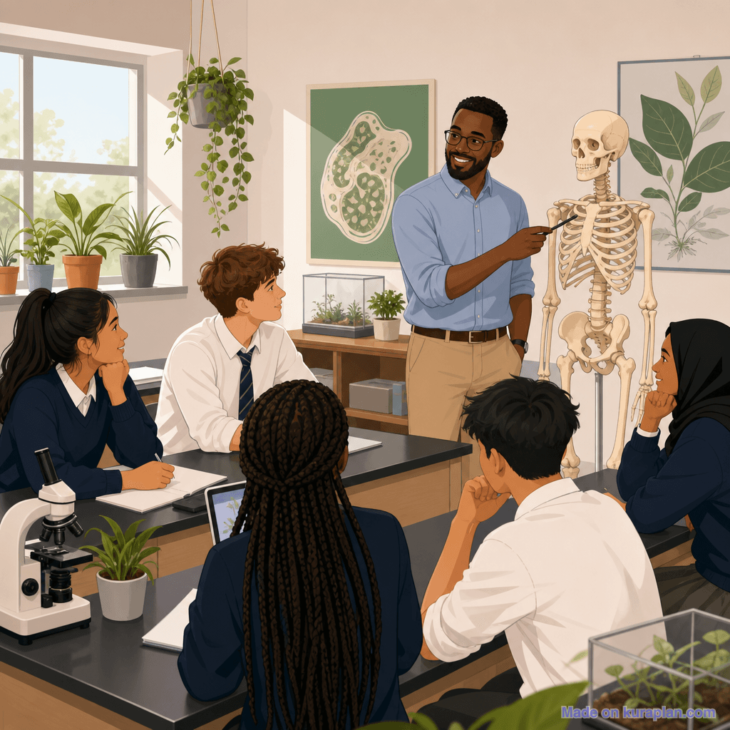 Year 11 biology lab, skeleton model, male teacher African heritage (square)