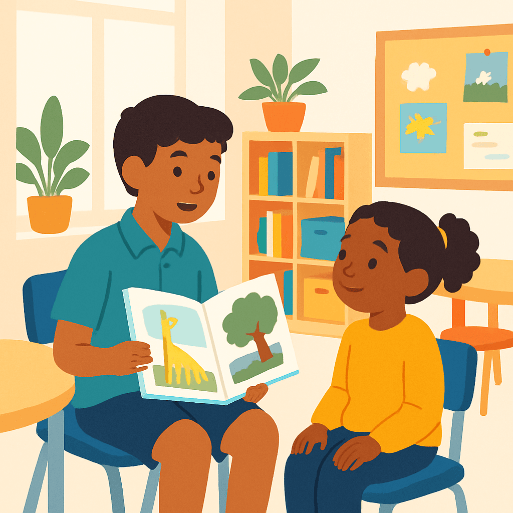 Older buddy reading with younger student