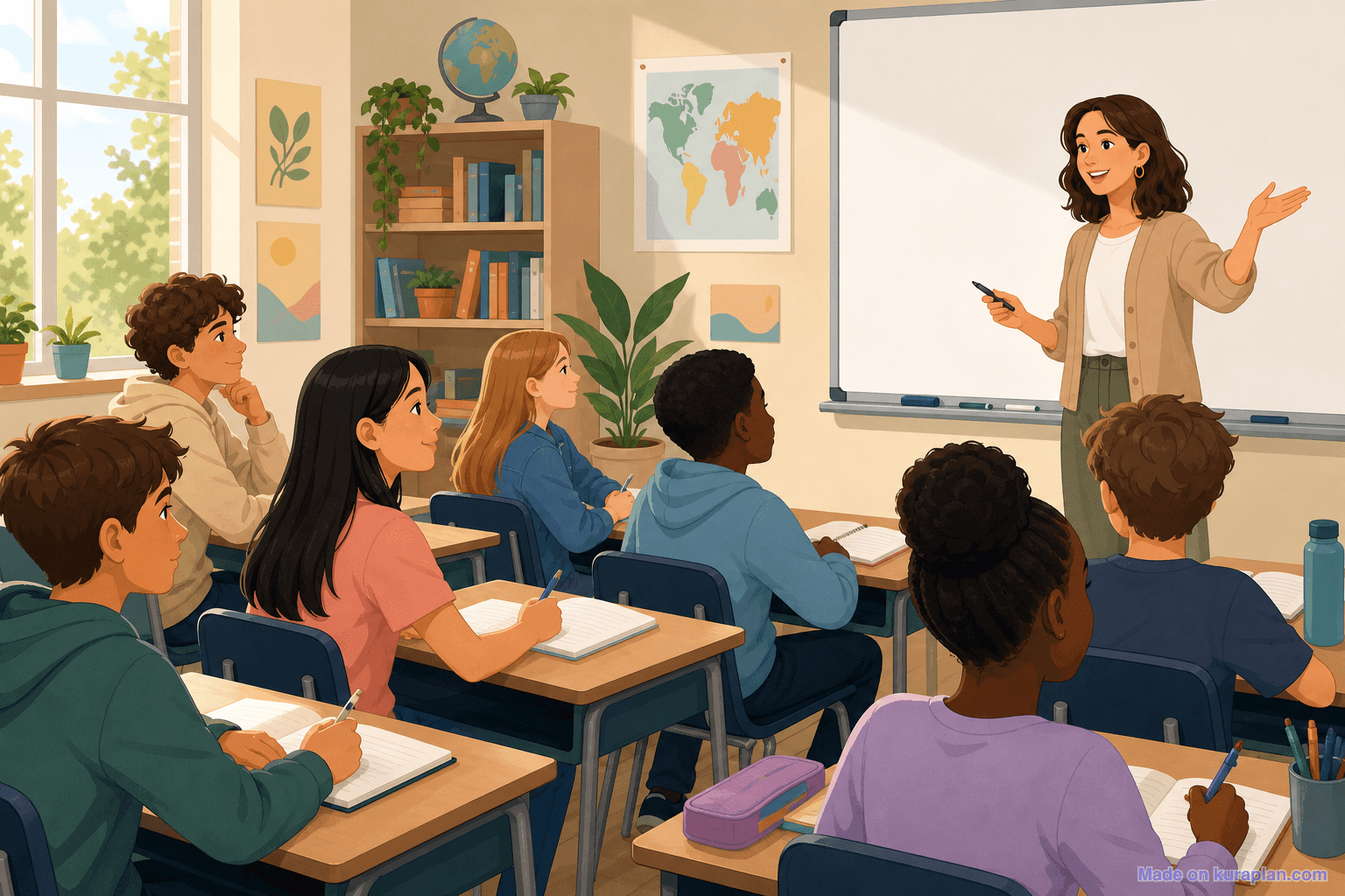 Diverse engaged classroom of students aged 10-13 (16:9, female teacher)
