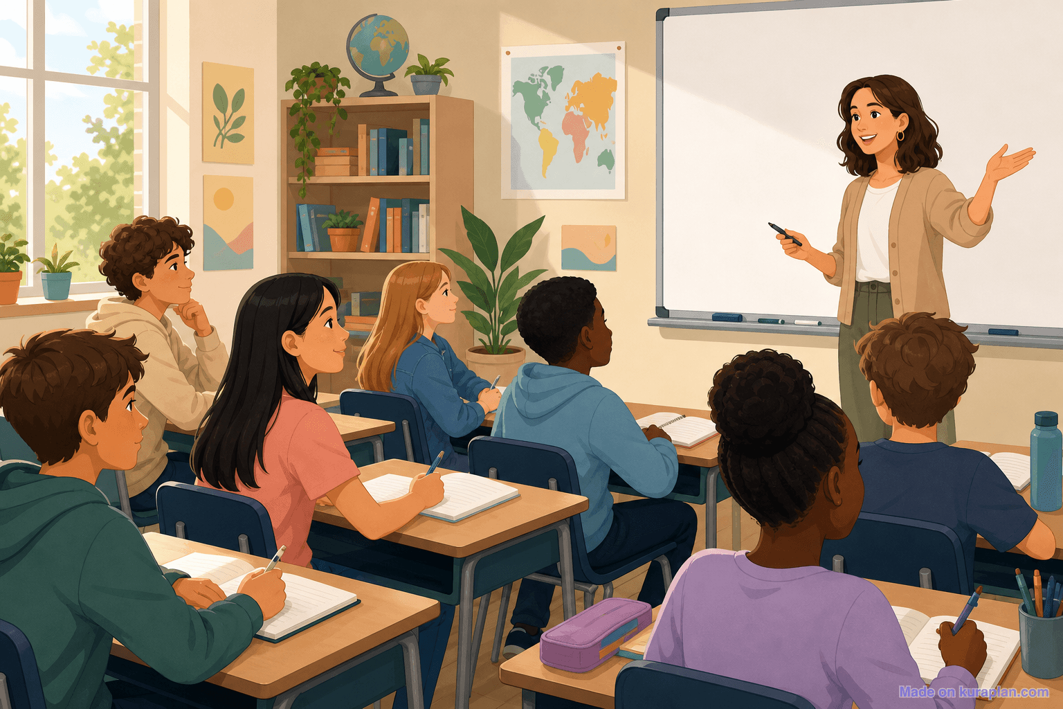 Diverse engaged classroom of students aged 10-13 (16:9, female teacher)