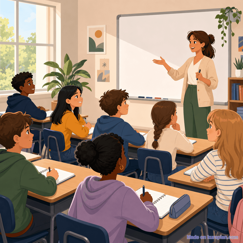 Diverse engaged classroom of students aged 10-13 (square, female teacher)