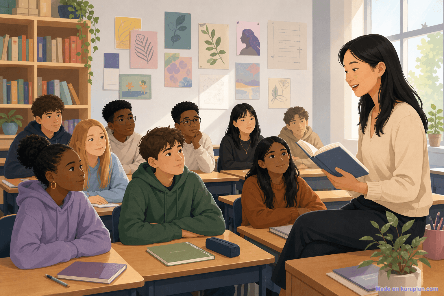 Year 8 English class, novel reading aloud, East-Asian female teacher (16:9)