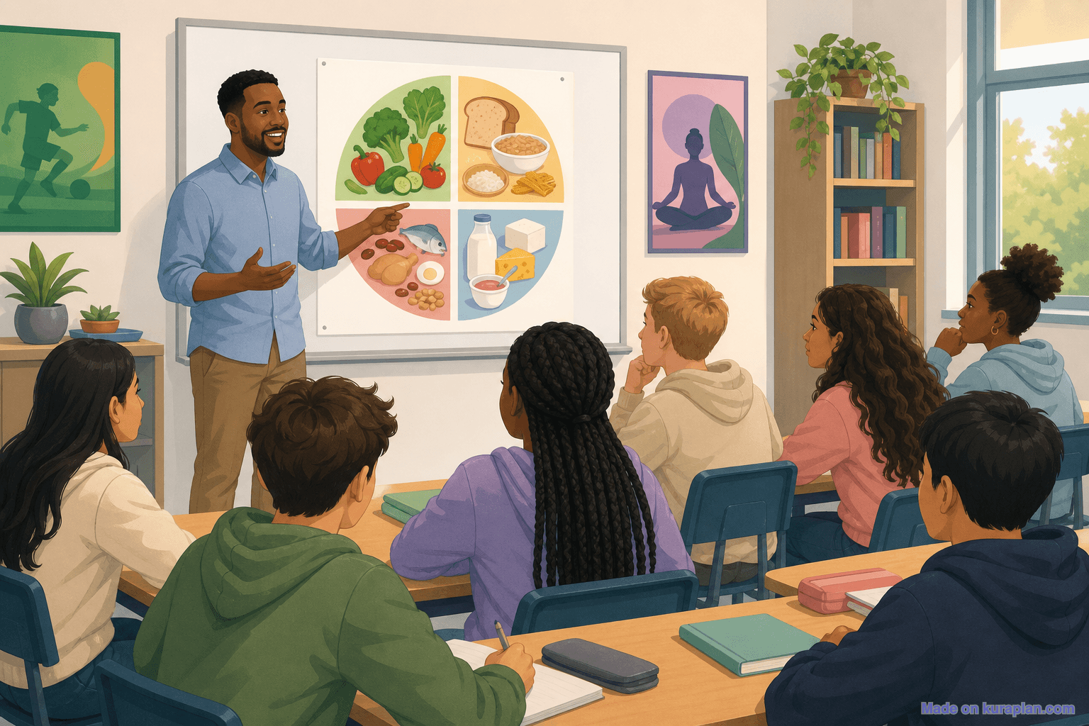 Year 9 health classroom, food groups, African-American male teacher (16:9)