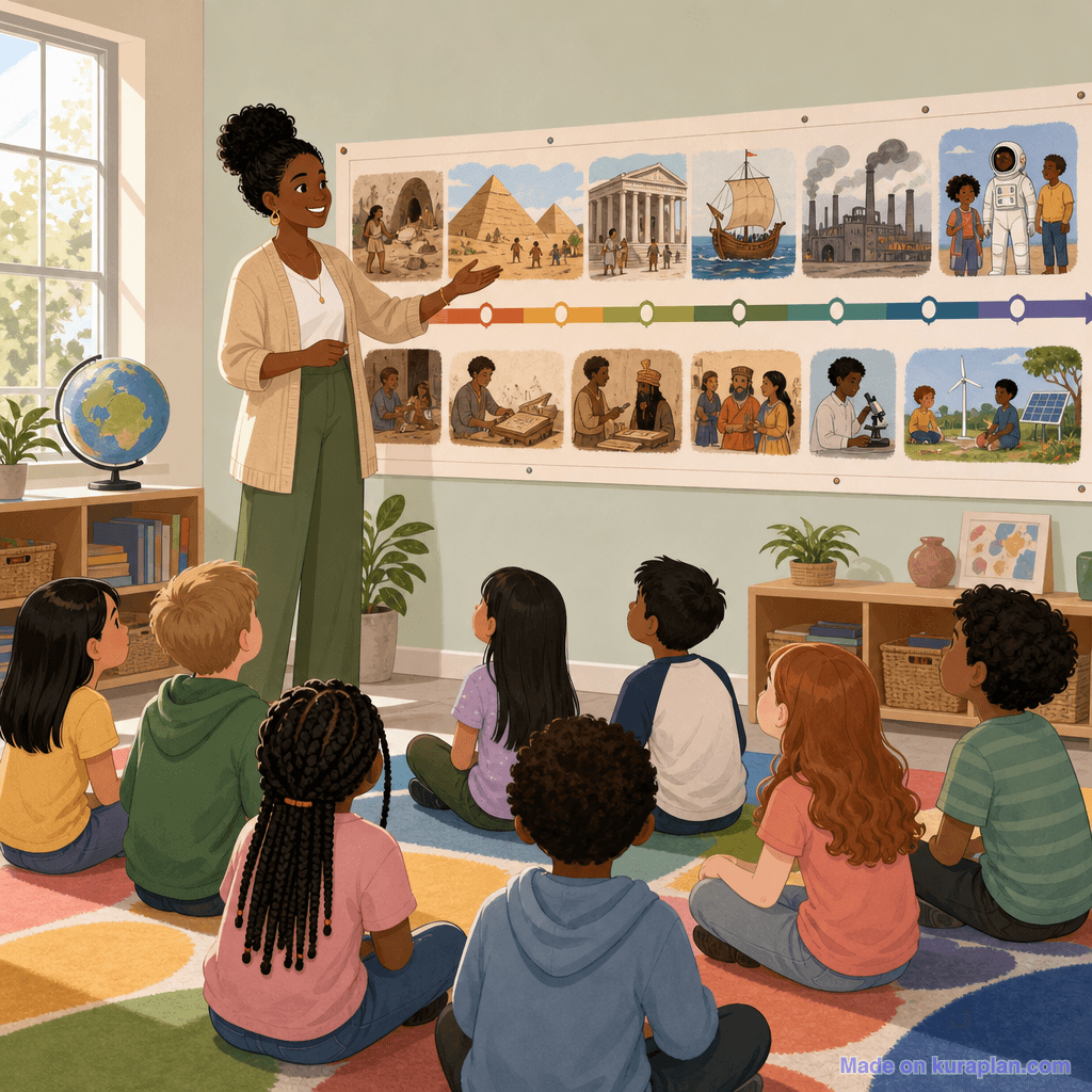 Primary history, pictorial timeline, African heritage female teacher (square)