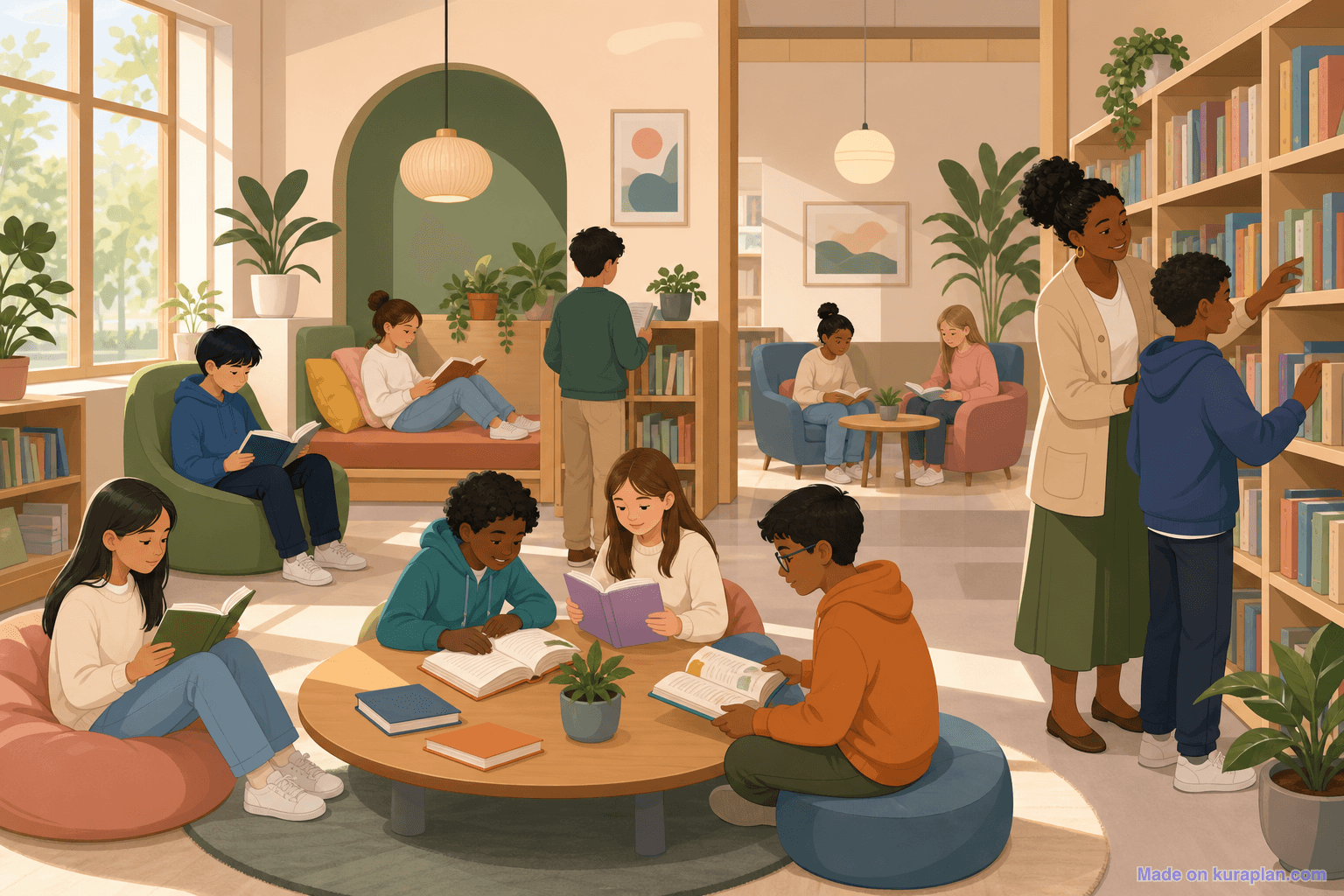 School library reading, intermediate, African heritage female librarian (16:9)