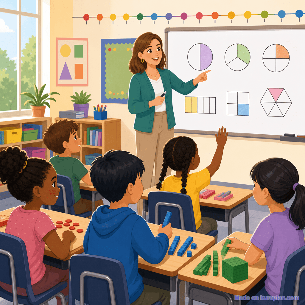 Primary maths classroom, fractions on whiteboard (square)