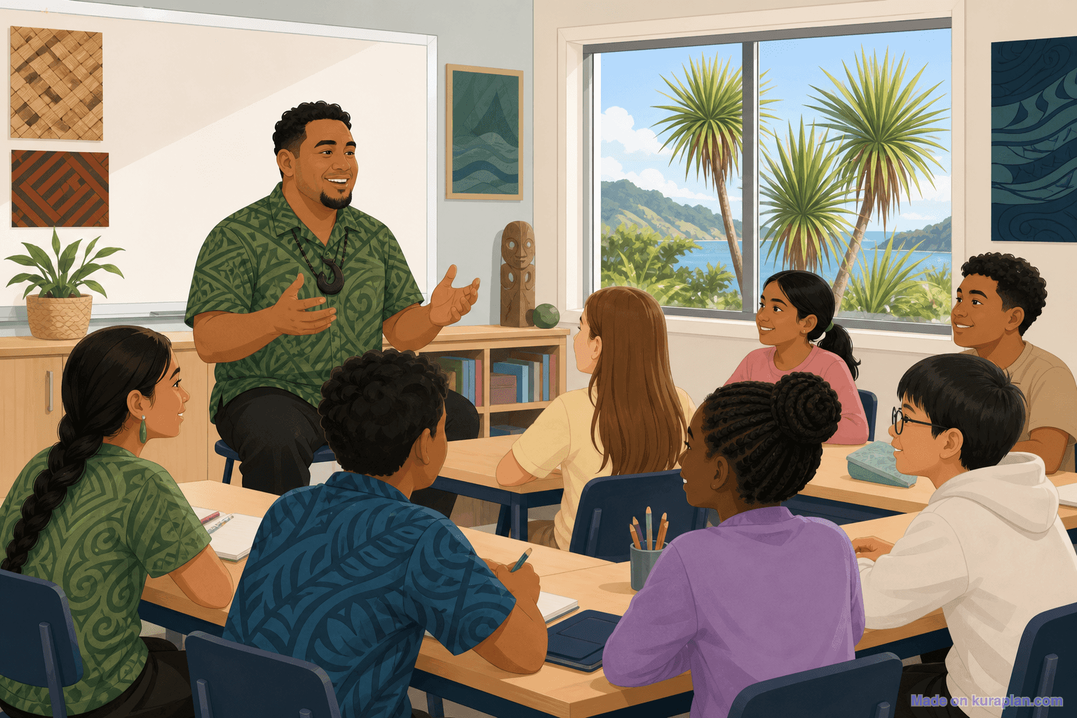 NZ intermediate classroom, Pasifika male teacher (16:9)