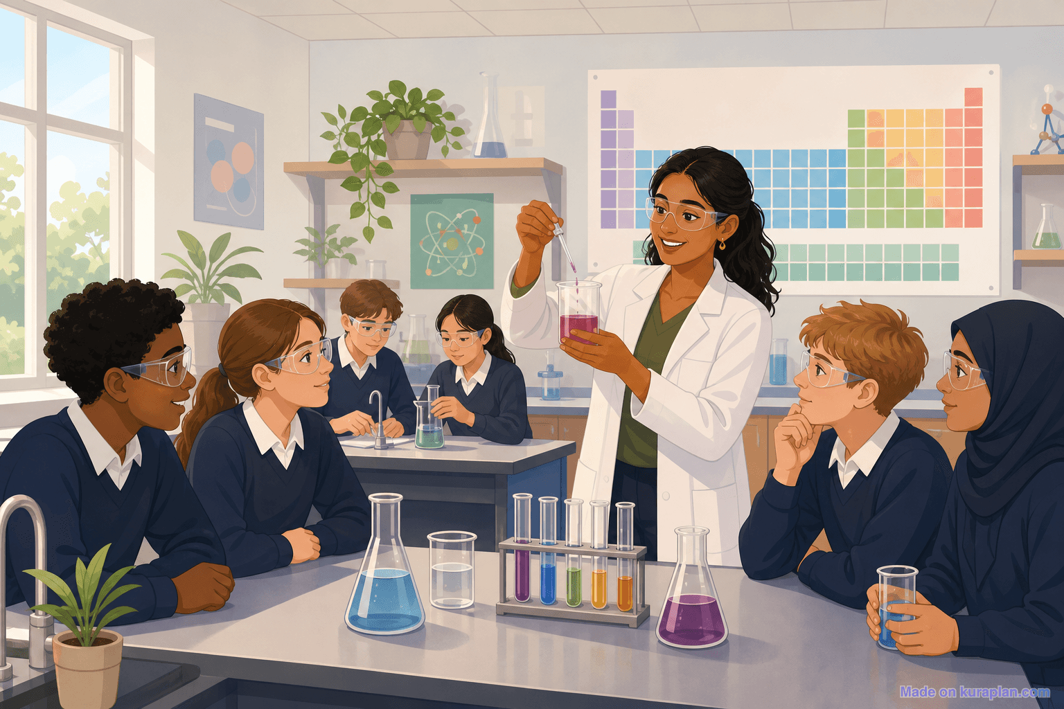 UK Year 8 secondary science lab, female teacher (16:9)