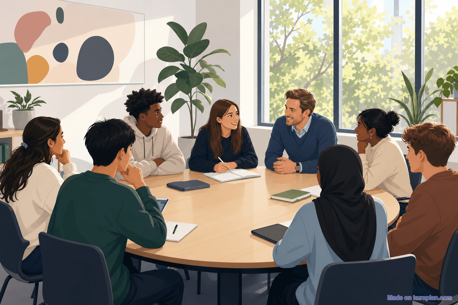 Year 12 seminar, oval table, male teacher (16:9)