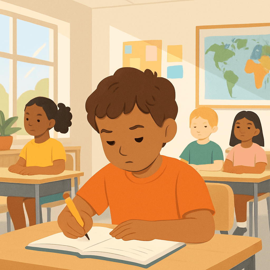 Student writing at desk