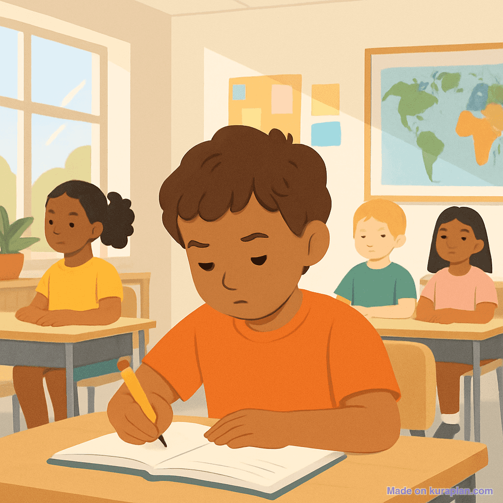 Student writing at desk
