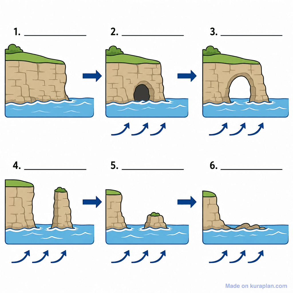 Coastal Erosion: Headland to Stump Sequence (simple, unlabeled)
