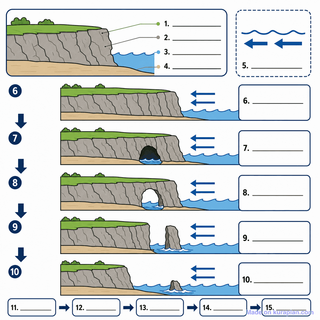 Coastal Erosion: Headland to Stump Sequence (detailed, unlabeled)