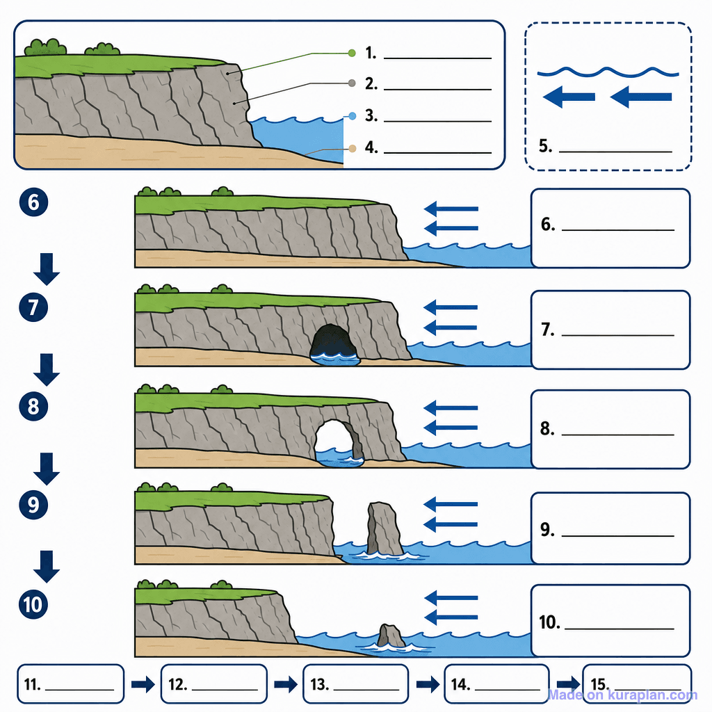 Coastal Erosion: Headland to Stump Sequence (detailed, unlabeled)