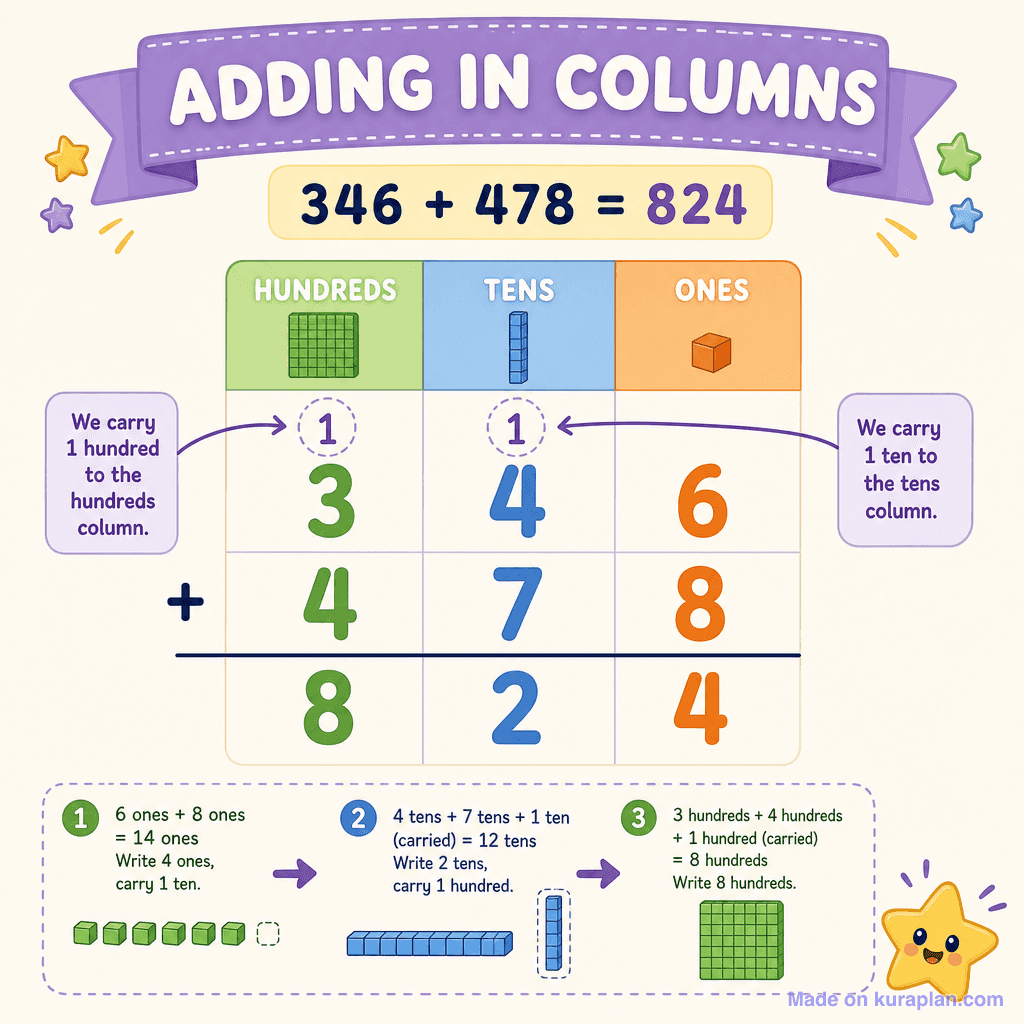 Vertical column addition with carrying (3-digit)