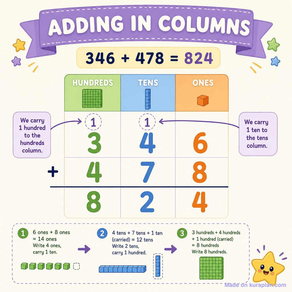Vertical column addition with carrying (3-digit)