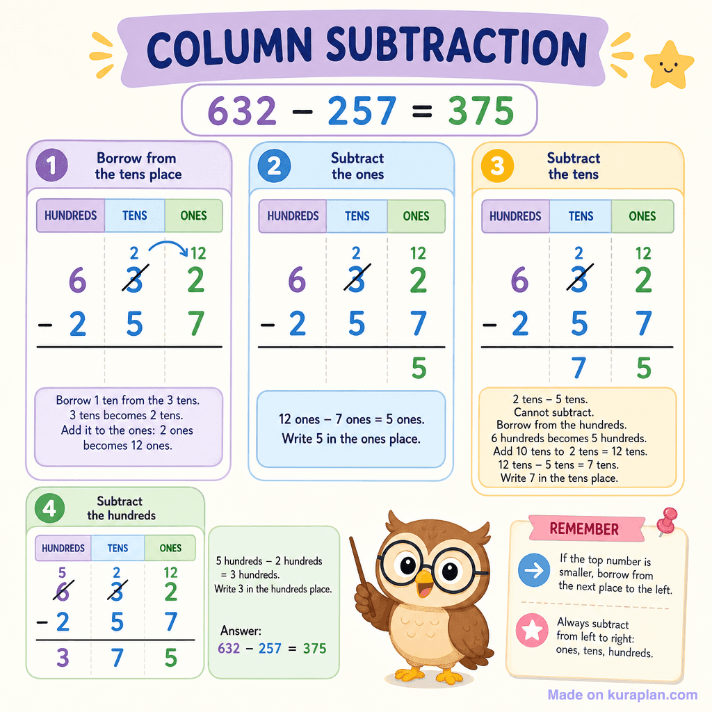 Vertical column subtraction with borrowing (3-digit)