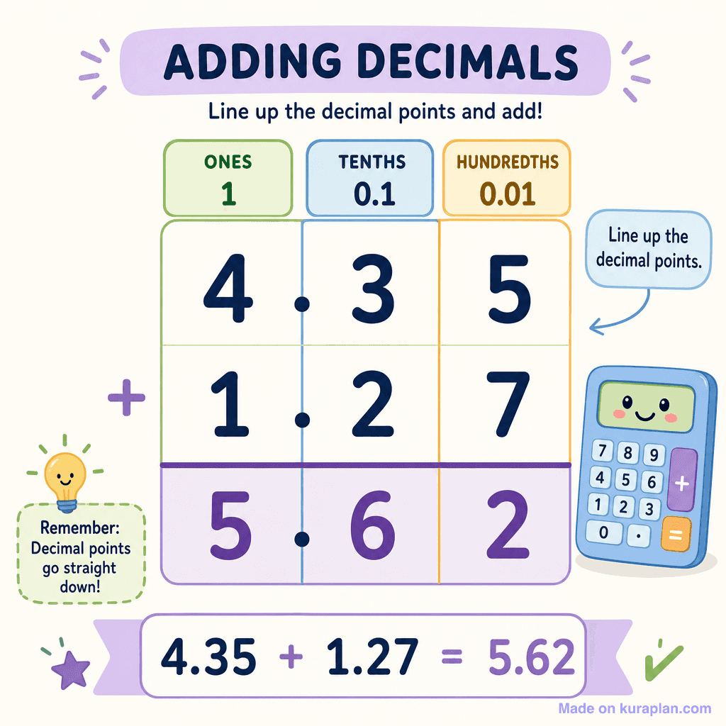 Decimal column addition 4.35 + 1.27