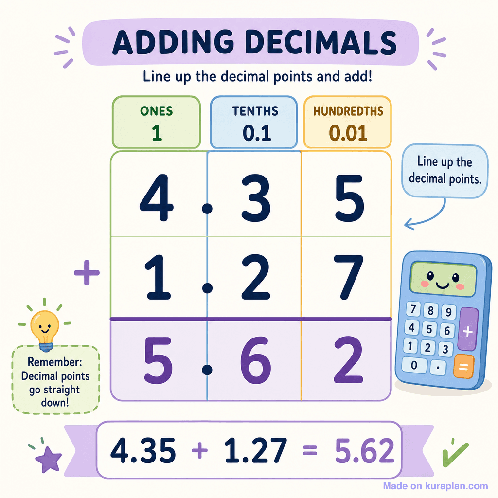 Decimal column addition 4.35 + 1.27