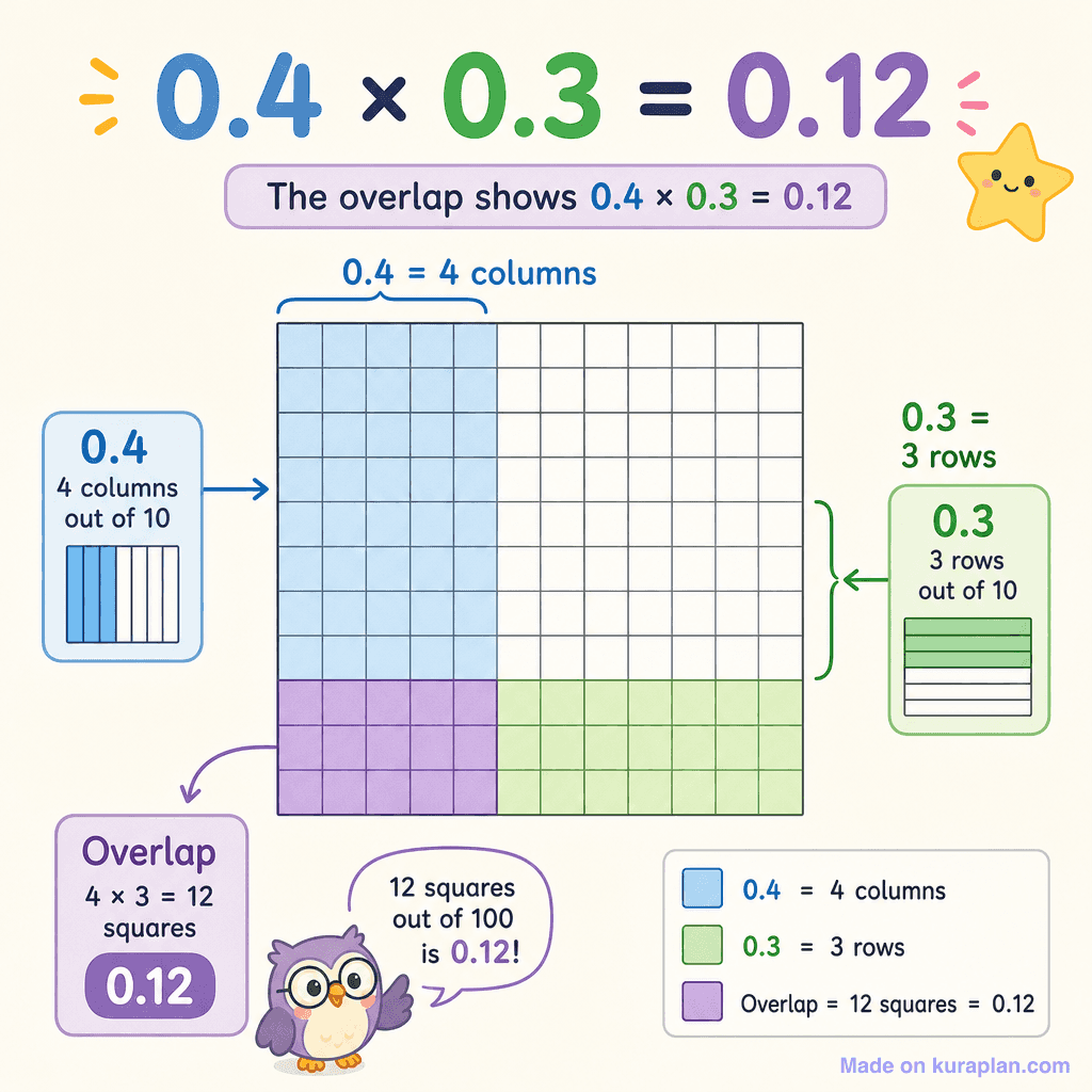 Decimal multiplication 0.4 × 0.3 grid