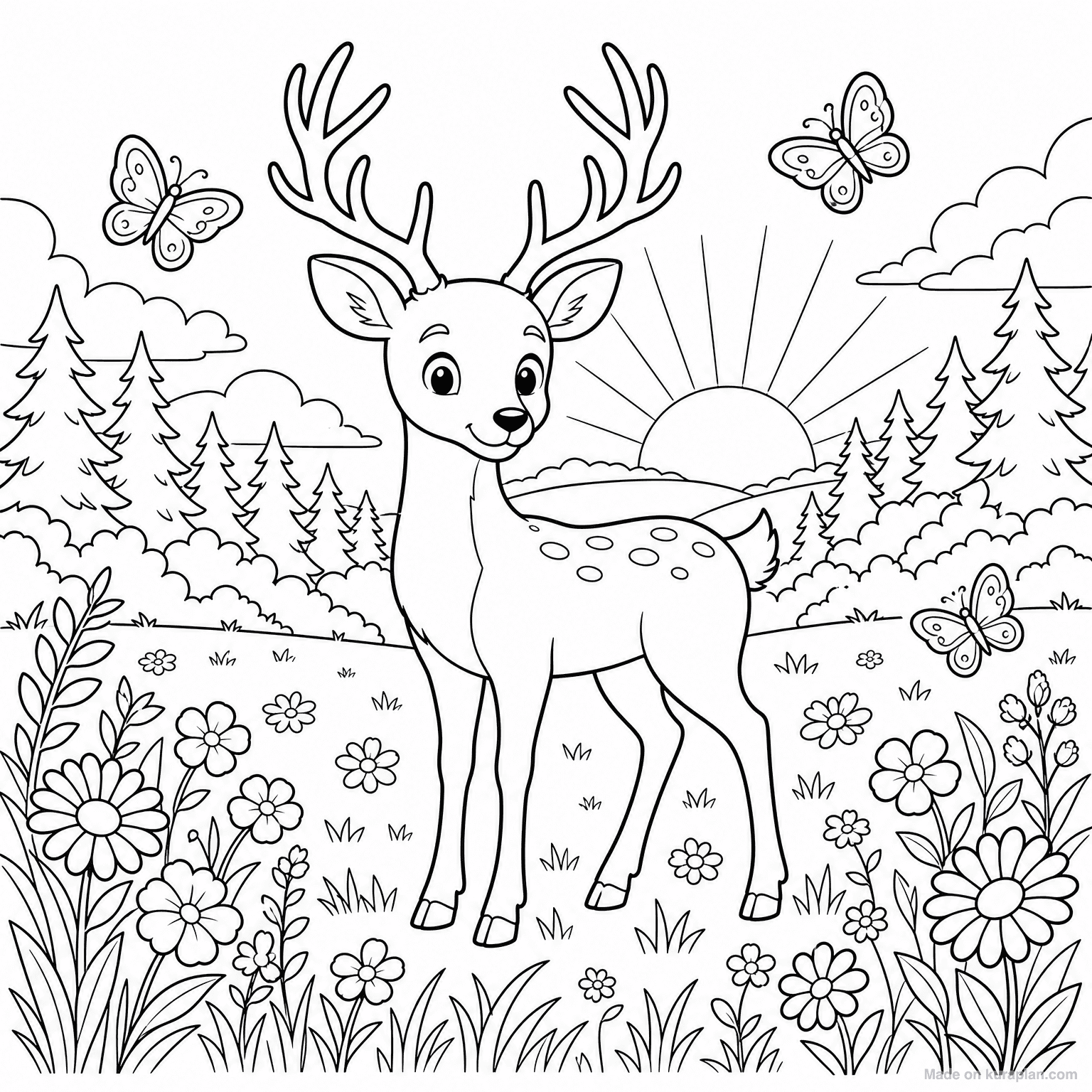 Deer in Meadow — Coloring Page