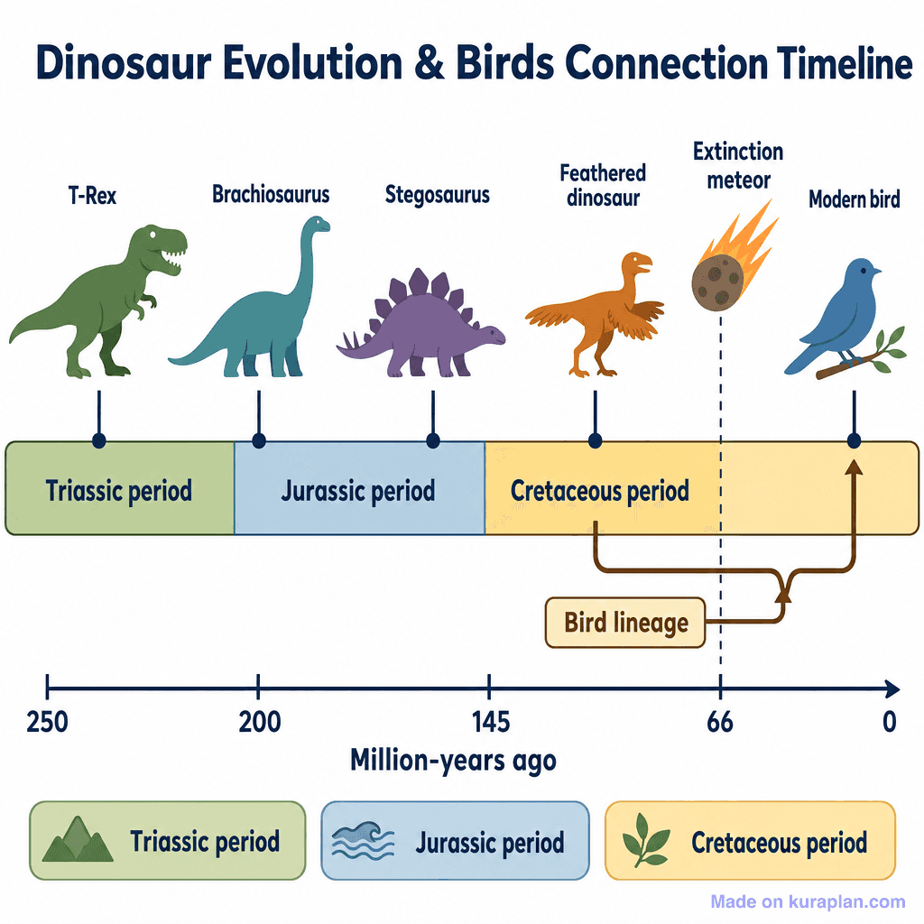 Dinosaur Evolution & Birds Connection Timeline (simple)