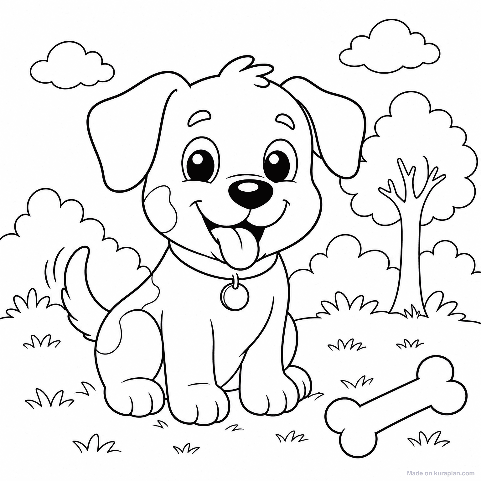 Happy Puppy with Bone — Coloring Page