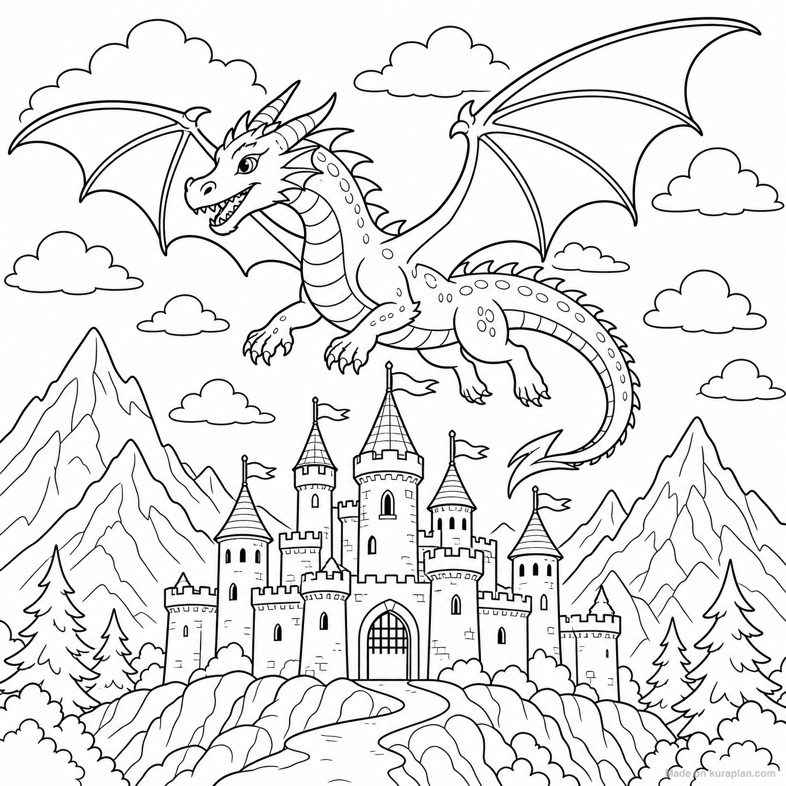 Dragon Flying Over Castle — Coloring Page