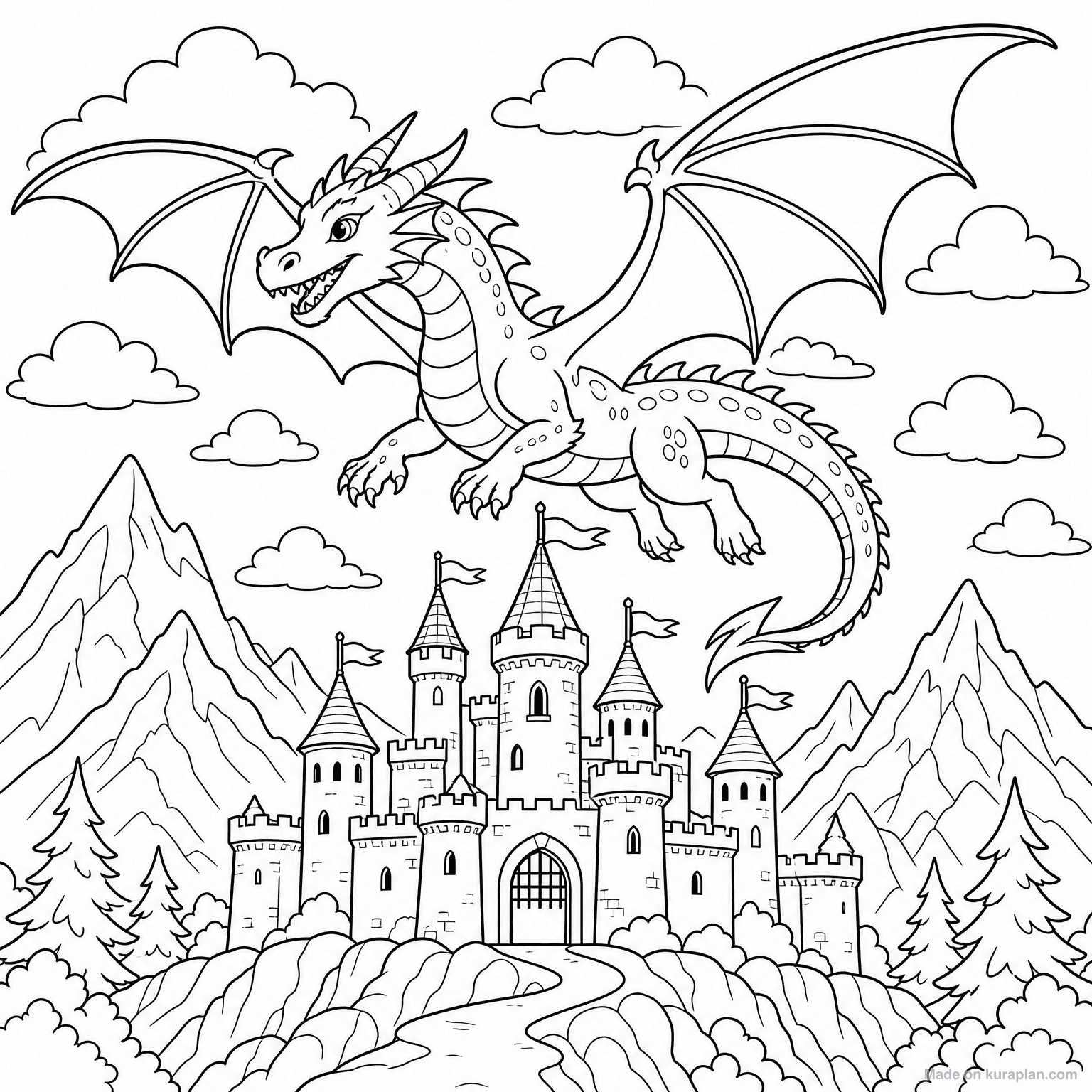 Dragon Flying Over Castle — Coloring Page