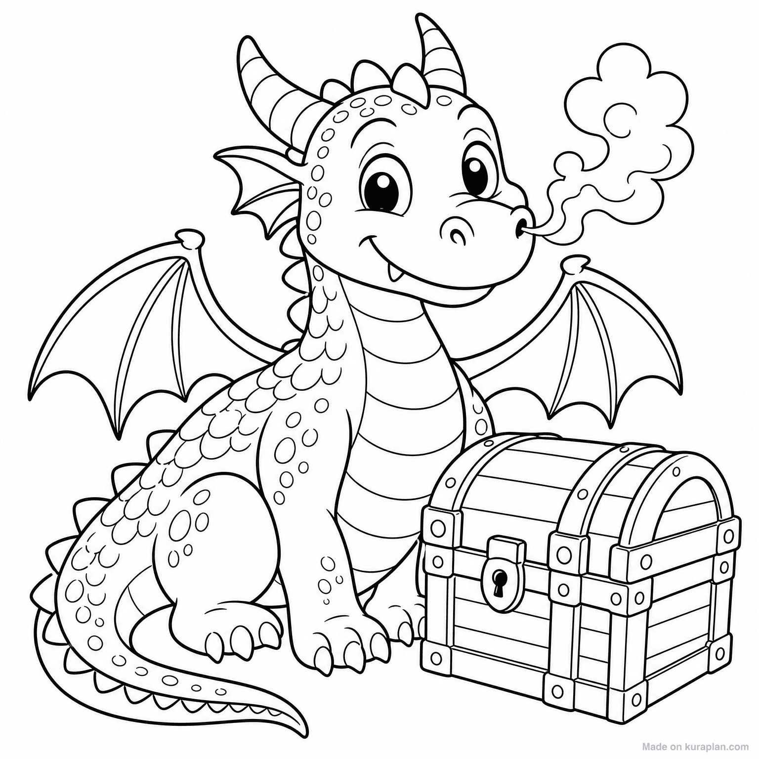 Friendly Dragon with Chest — Coloring Page