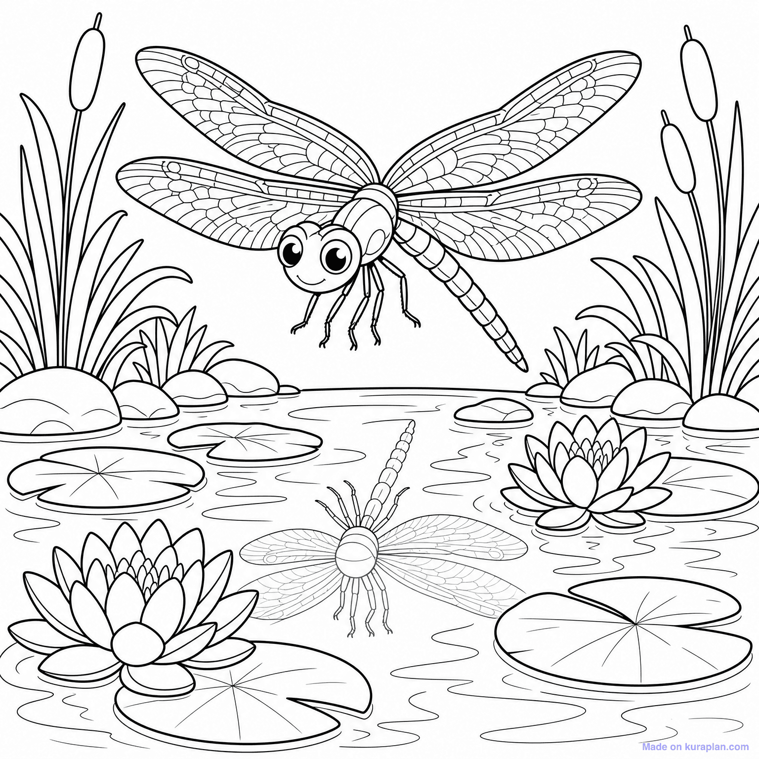 Dragonfly at Pond — Coloring Page